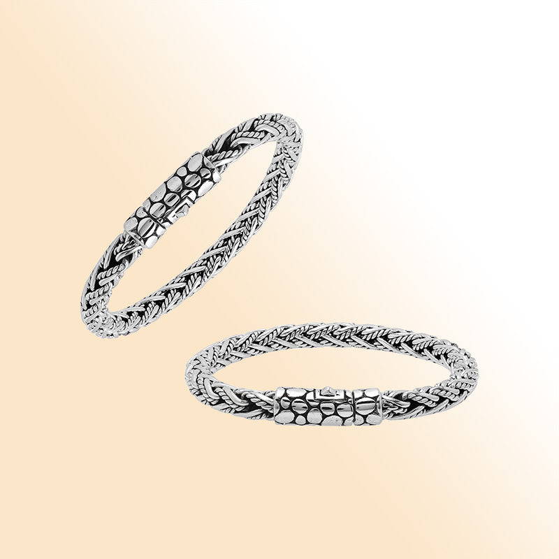 Sterling silver woven chain bracelet with textured clasp and oxidized finish handcrafted in Bali