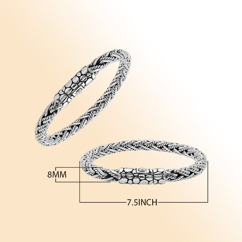 Sterling silver woven chain bracelet with textured clasp and oxidized finish handcrafted in Bali