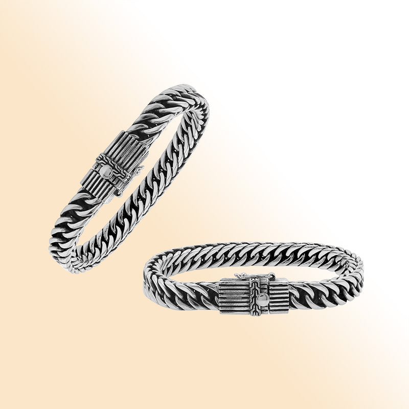 Sterling silver curb chain bracelet with detailed box clasp and oxidized finish