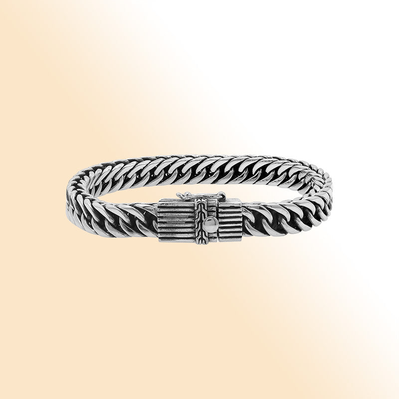 Sterling silver curb chain bracelet with detailed box clasp and oxidized finish