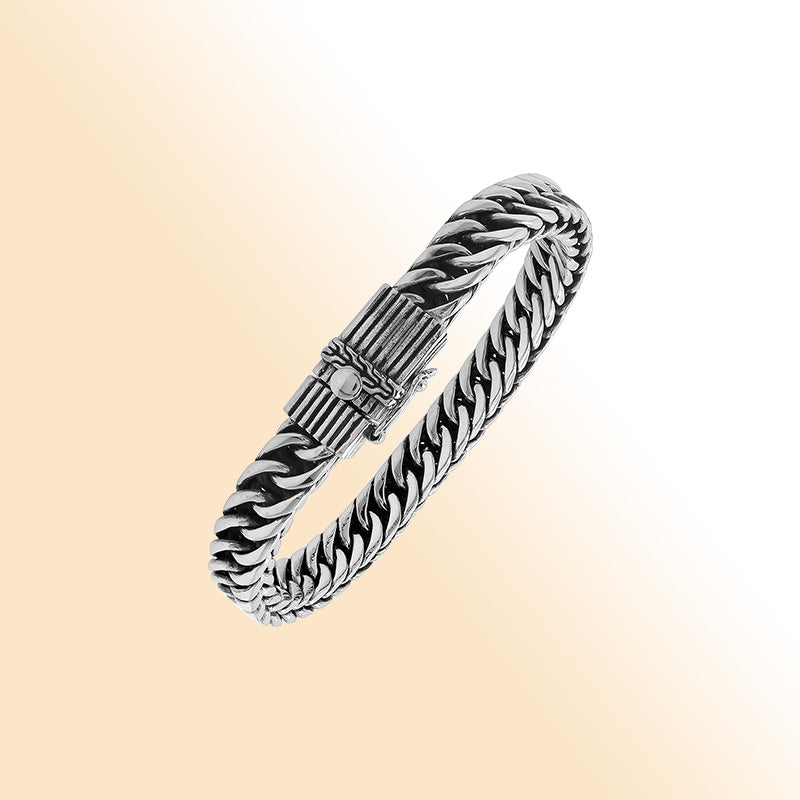 Sterling silver curb chain bracelet with detailed box clasp and oxidized finish