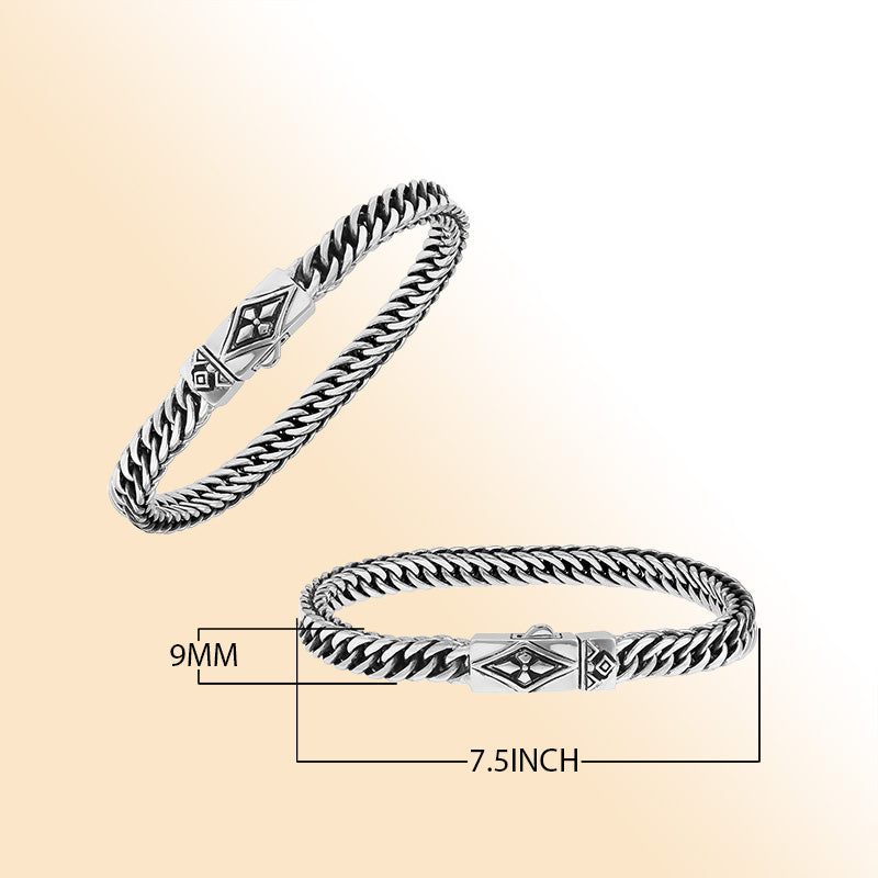 Sterling silver curb chain bracelet with geometric diamond clasp and oxidized finish