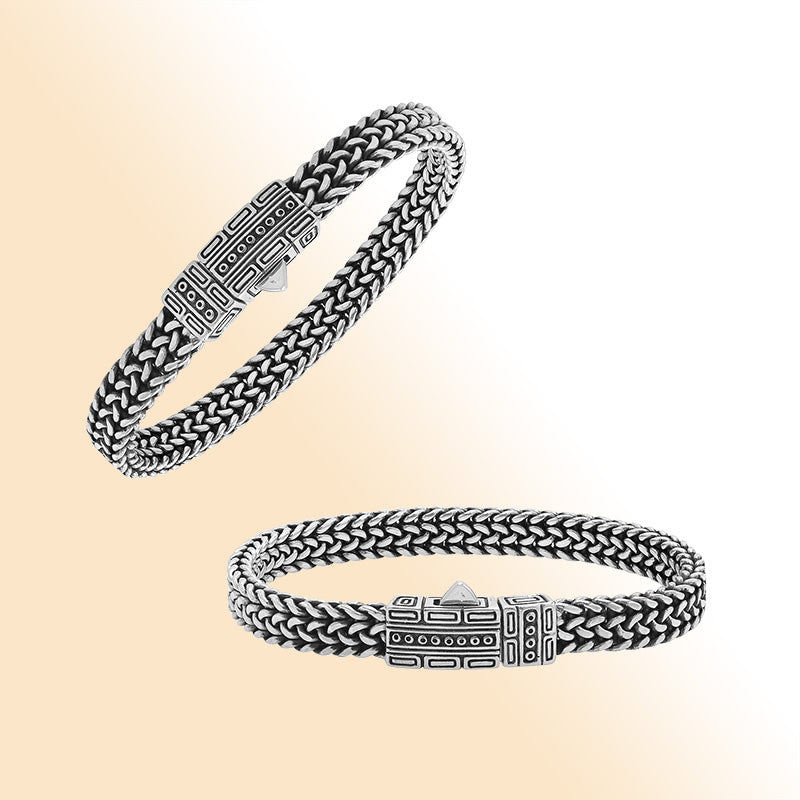 Sterling silver woven bracelet with geometric Balinese clasp and oxidized finish