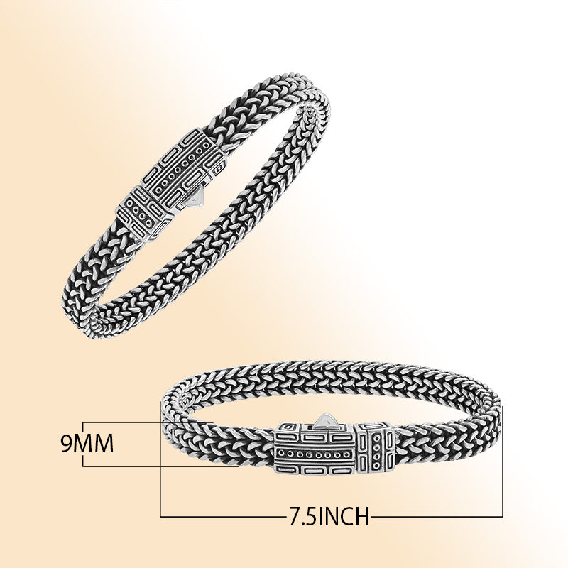 Sterling silver woven bracelet with geometric Balinese clasp and oxidized finish