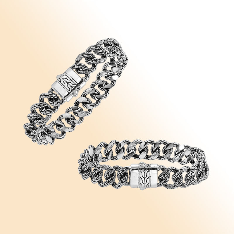 Handcrafted Silver Mix Chain Bracelet From Bali With Push Clasp