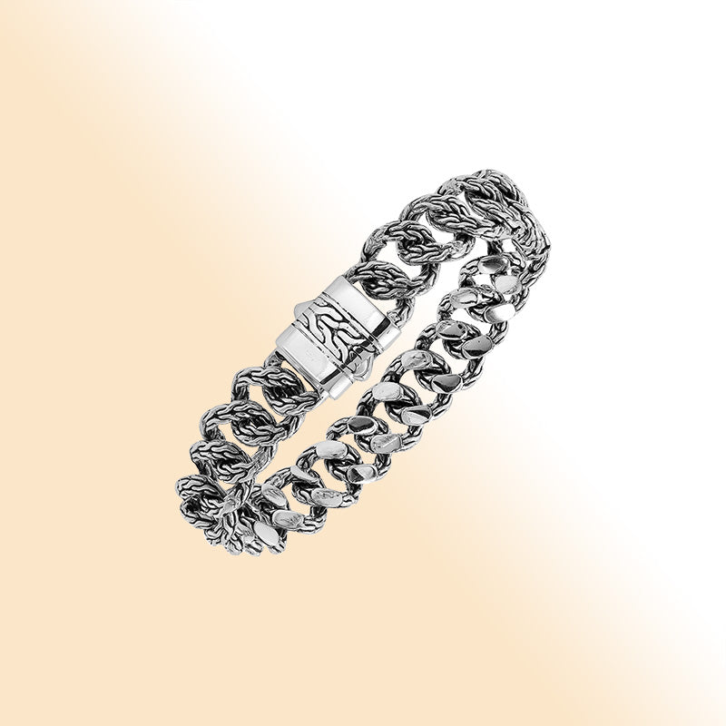 Handcrafted Silver Mix Chain Bracelet From Bali With Push Clasp