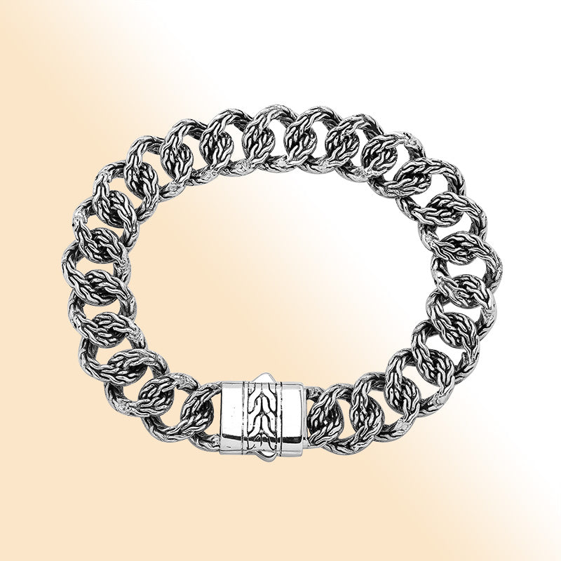Handcrafted Silver Mix Chain Bracelet From Bali With Push Clasp