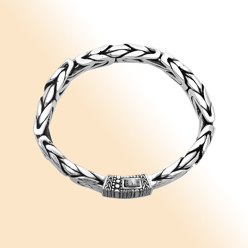 Balinese Woven Silver Bracelet With Intricate Texture And Push Clasp