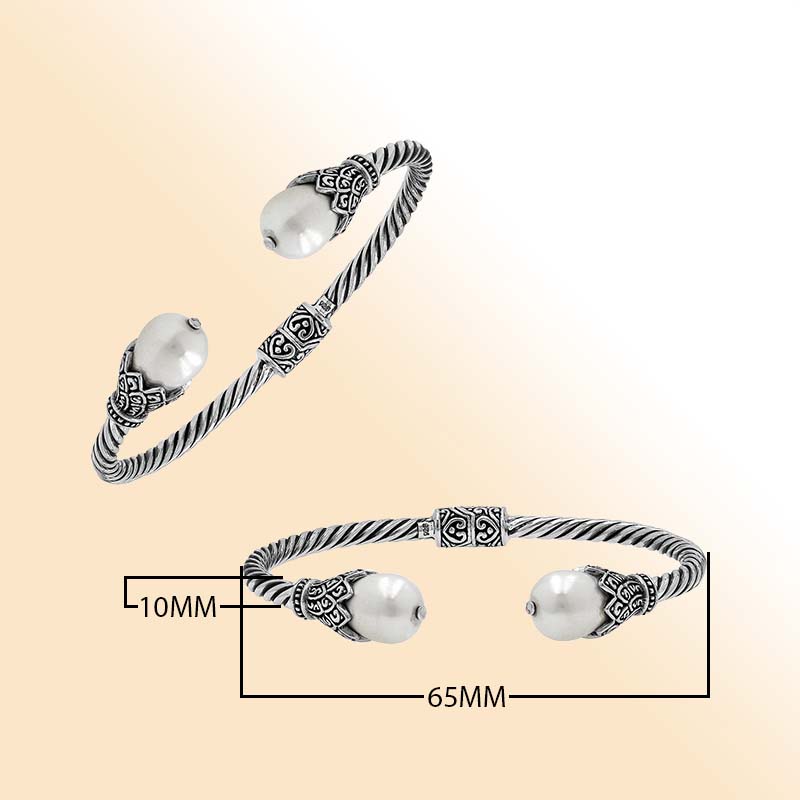 Balinese Twisted 925 Sterling Silver Bangle With Shell Pearl And Hinge Lock For Women