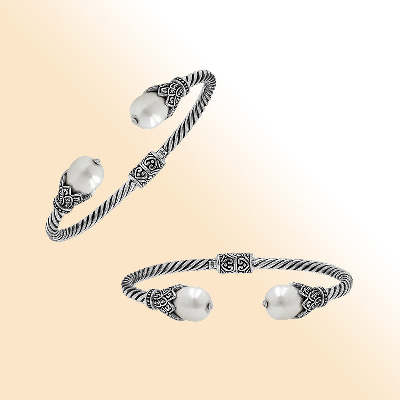 Balinese Twisted 925 Sterling Silver Bangle With Shell Pearl And Hinge Lock For Women