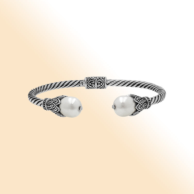 Balinese Twisted 925 Sterling Silver Bangle With Shell Pearl And Hinge Lock For Women