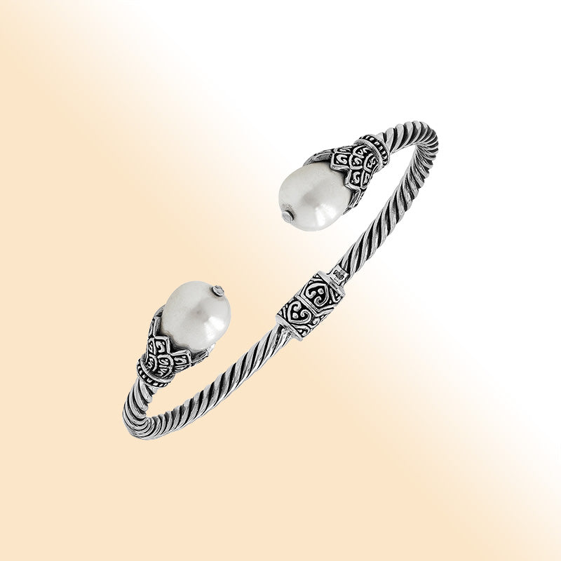 Balinese Twisted 925 Sterling Silver Bangle With Shell Pearl And Hinge Lock For Women
