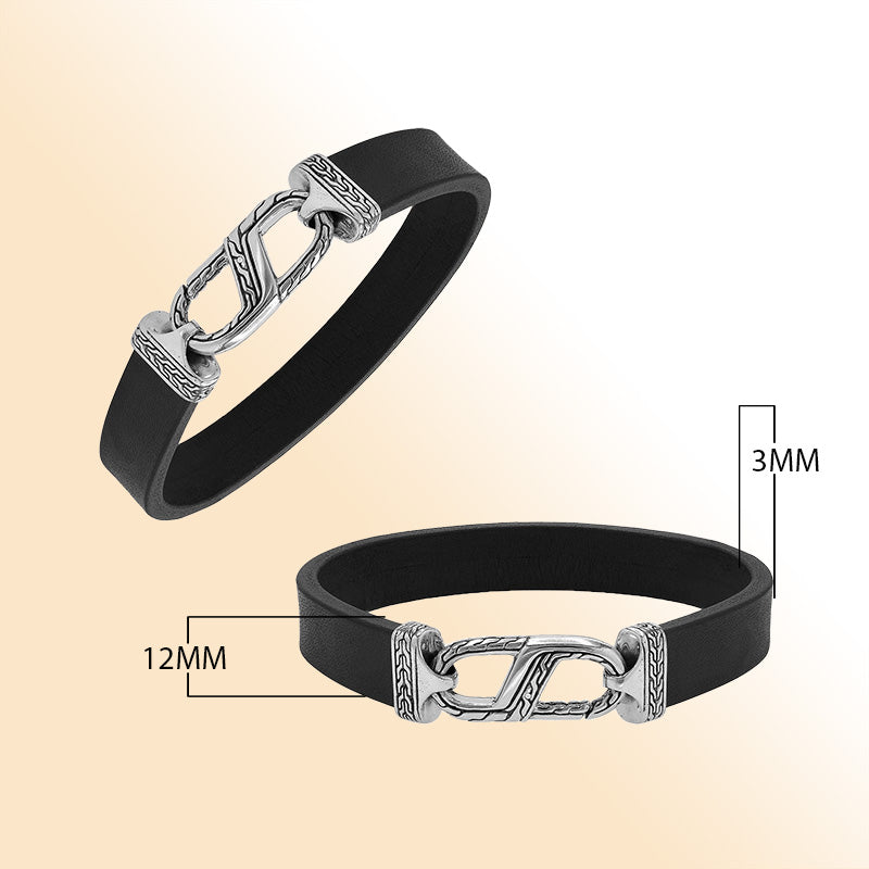 Balinese 925 Sterling Silver And Black Leather Bracelet With Hook Lock For Men