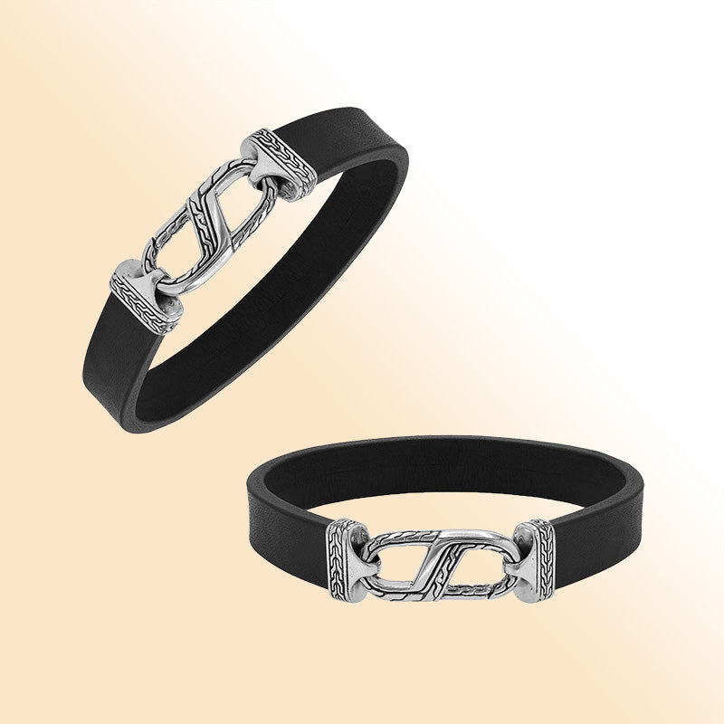 Balinese 925 Sterling Silver And Black Leather Bracelet With Hook Lock For Men