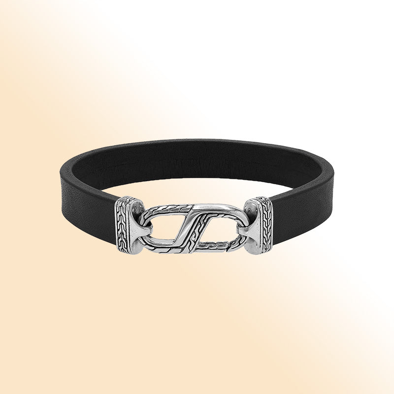 Balinese 925 Sterling Silver And Black Leather Bracelet With Hook Lock For Men