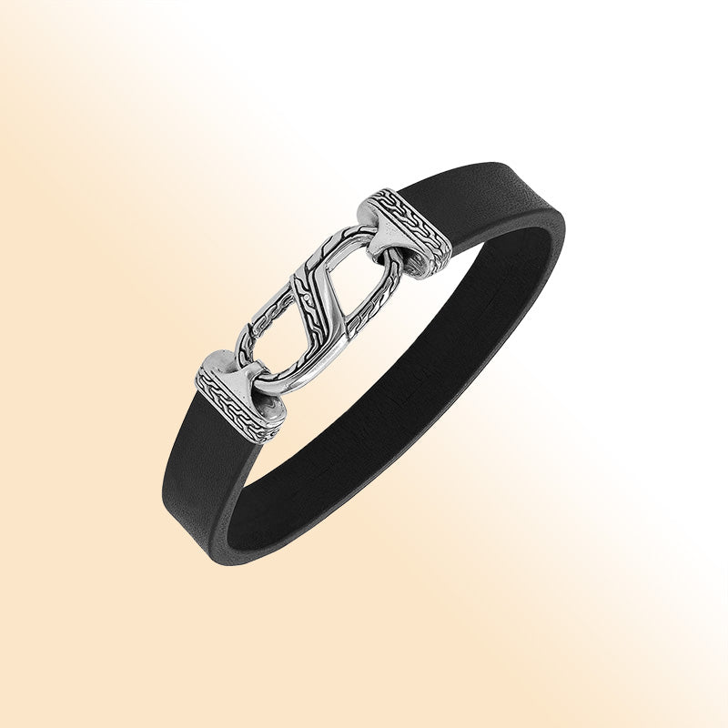 Balinese 925 Sterling Silver And Black Leather Bracelet With Hook Lock For Men