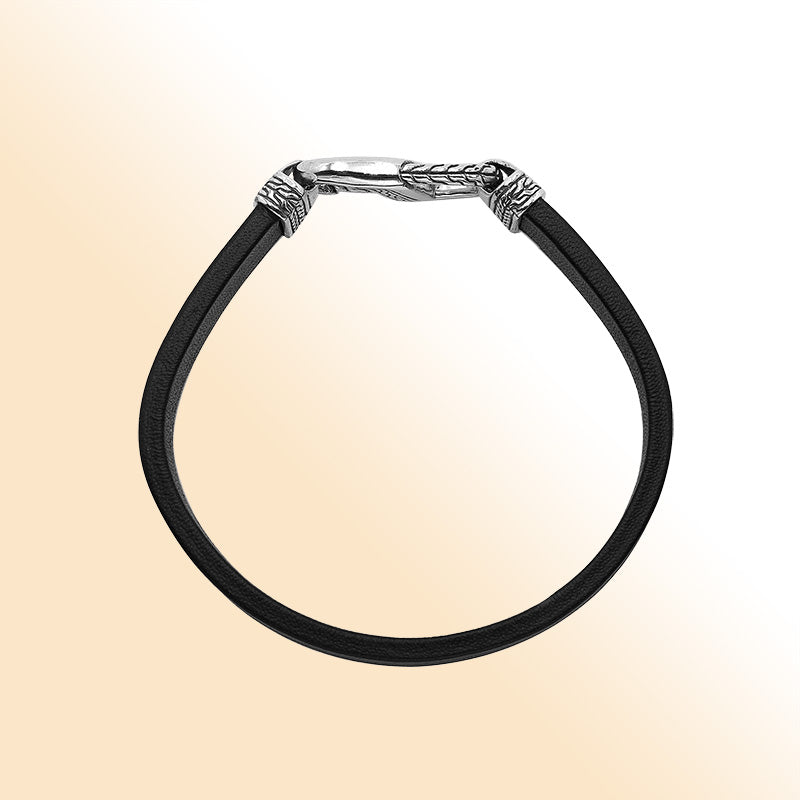 Balinese 925 Sterling Silver And Black Leather Bracelet With Hook Lock For Men