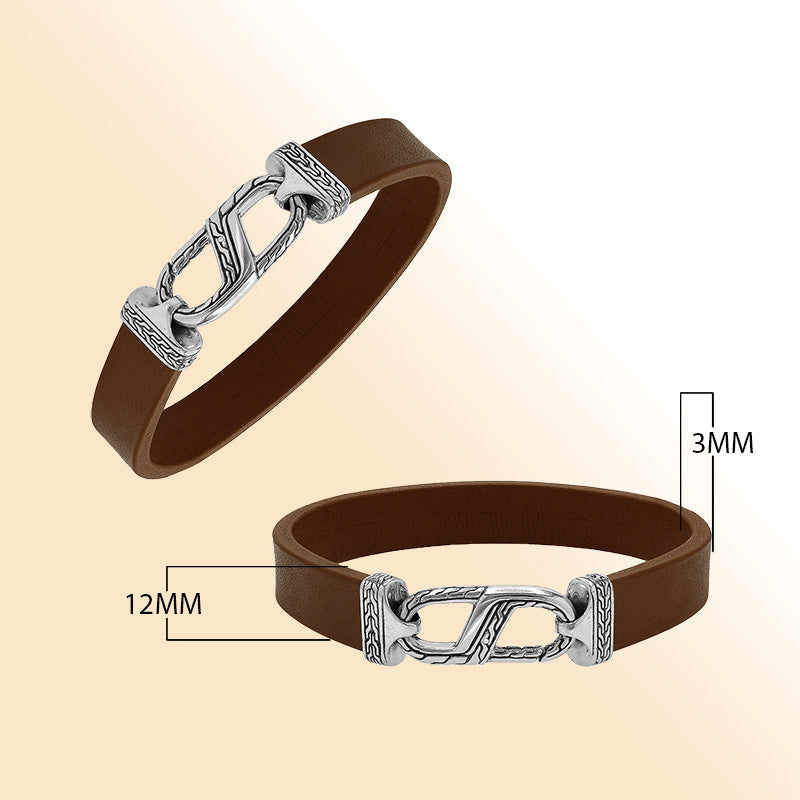Balinese 925 Sterling Silver And Brown Leather Bracelet With Hook Lock For Men