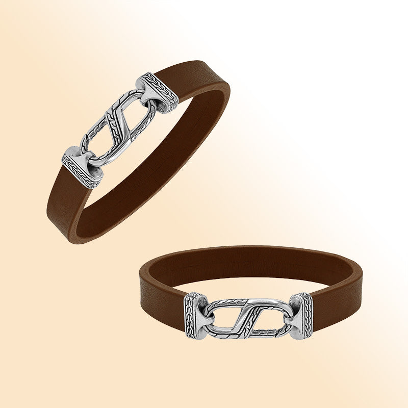 Balinese 925 Sterling Silver And Brown Leather Bracelet With Hook Lock For Men