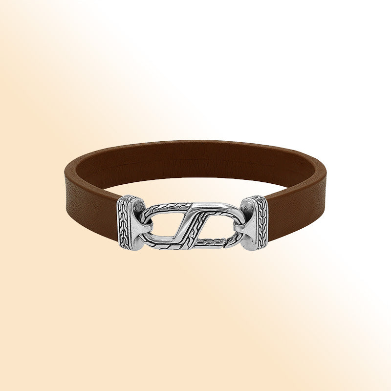 Balinese 925 Sterling Silver And Brown Leather Bracelet With Hook Lock For Men
