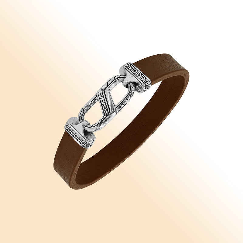 Balinese 925 Sterling Silver And Brown Leather Bracelet With Hook Lock For Men