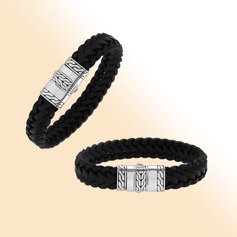Balinese 925 Sterling Silver And Black Leather Bracelet With Push Lock For Men