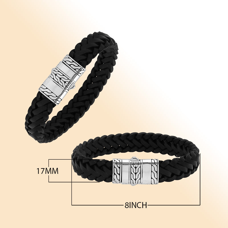 Balinese 925 Sterling Silver And Black Leather Bracelet With Push Lock For Men