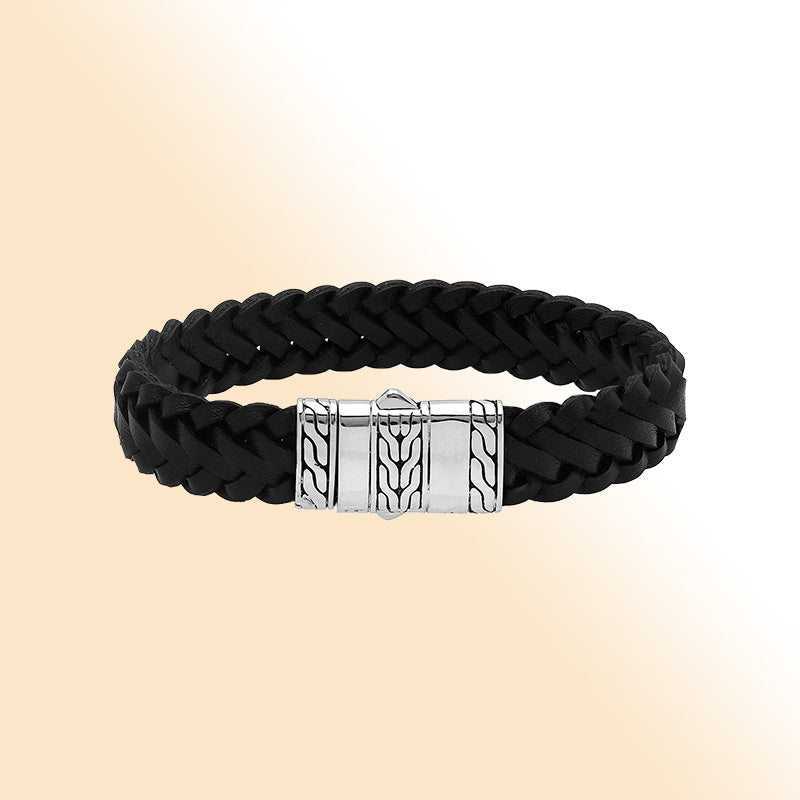 Balinese 925 Sterling Silver And Black Leather Bracelet With Push Lock For Men