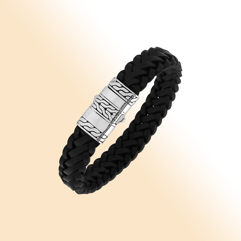Balinese 925 Sterling Silver And Black Leather Bracelet With Push Lock For Men