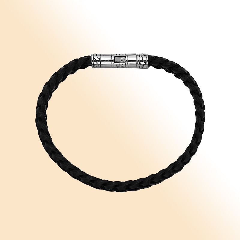 Balinese 925 Sterling Silver And Black Leather Bracelet With Push Lock For Men