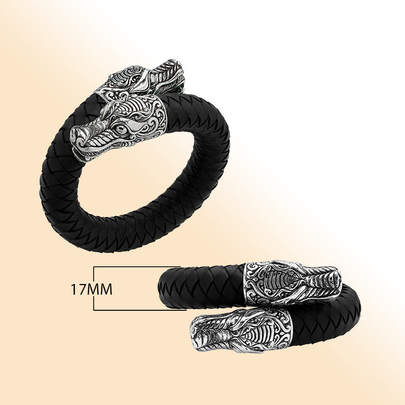 Balinese 925 Sterling Silver Dragon Head Bracelet With Black Leather For Men