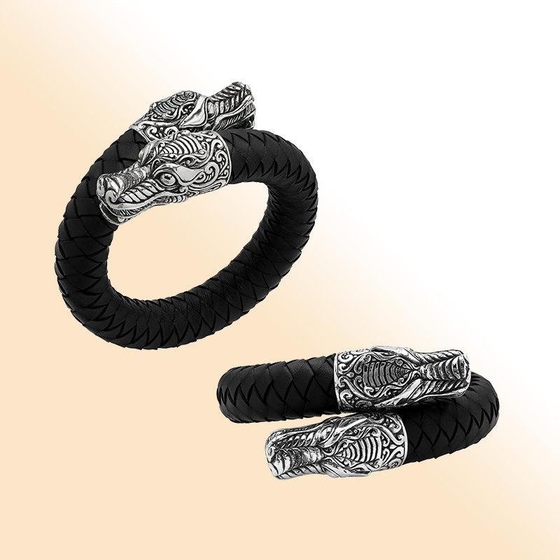 Balinese 925 Sterling Silver Dragon Head Bracelet With Black Leather For Men