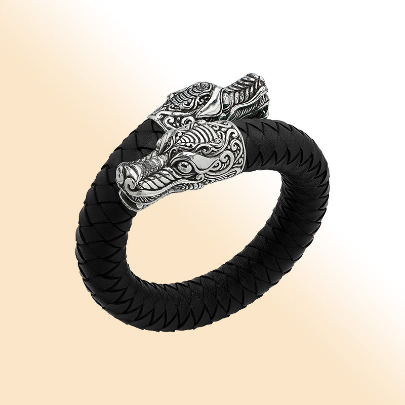 Balinese 925 Sterling Silver Dragon Head Bracelet With Black Leather For Men