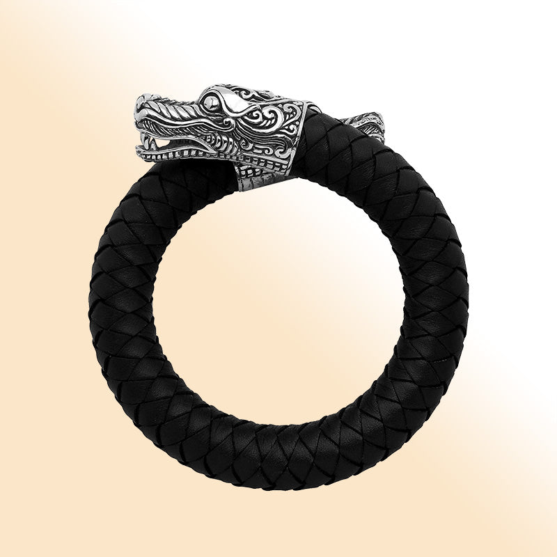 Balinese 925 Sterling Silver Dragon Head Bracelet With Black Leather For Men