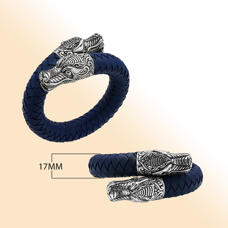 Balinese 925 Sterling Silver Dragon Head Bracelet With Blue Leather For Men