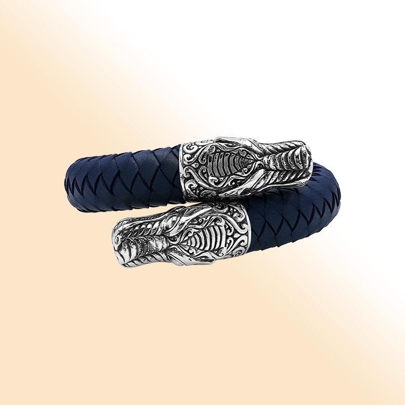 Balinese 925 Sterling Silver Dragon Head Bracelet With Blue Leather For Men