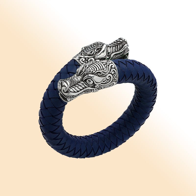 Balinese 925 Sterling Silver Dragon Head Bracelet With Blue Leather For Men