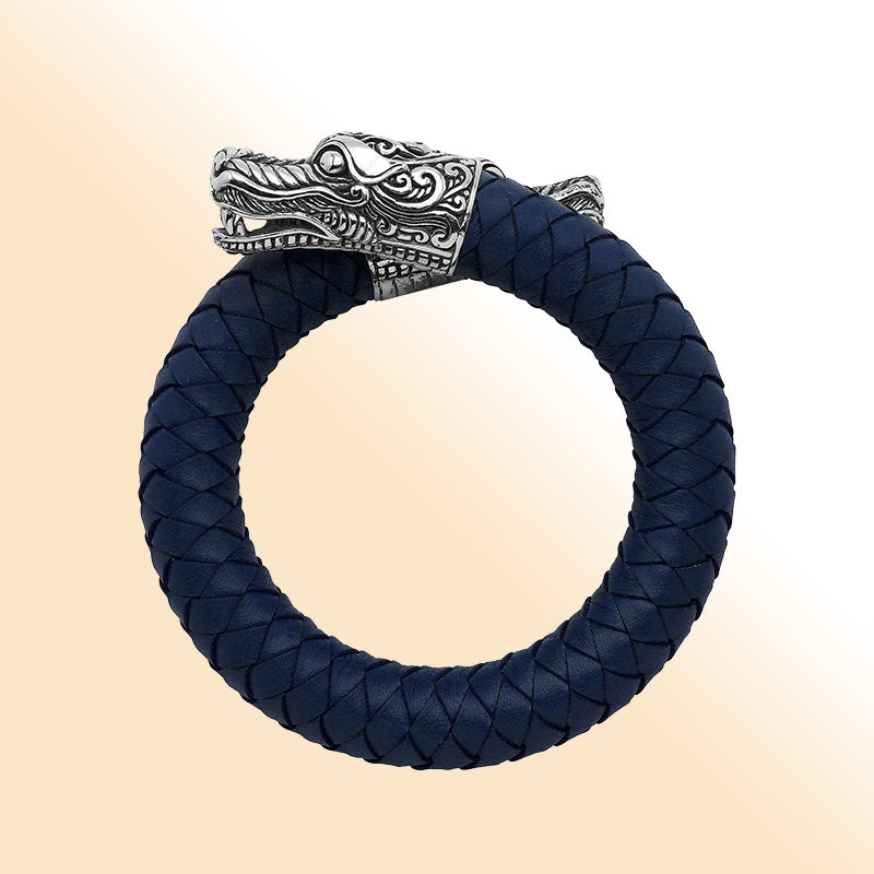 Balinese 925 Sterling Silver Dragon Head Bracelet With Blue Leather For Men