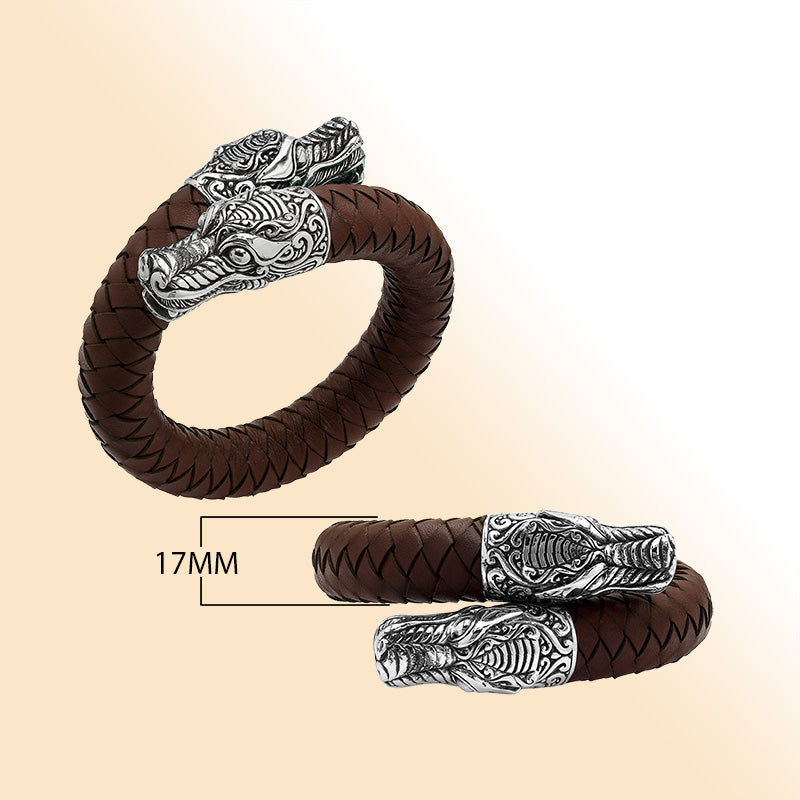 Balinese 925 Sterling Silver Dragon Head Bracelet With Brown Leather For Men