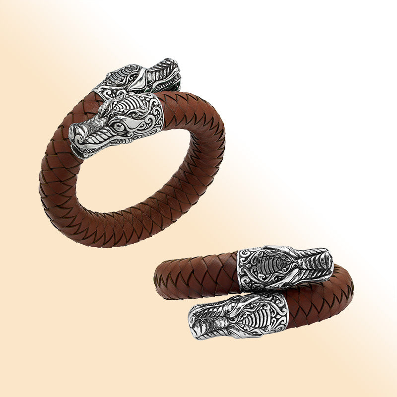 Balinese 925 Sterling Silver Dragon Head Bracelet With Light Brown Leather For Men