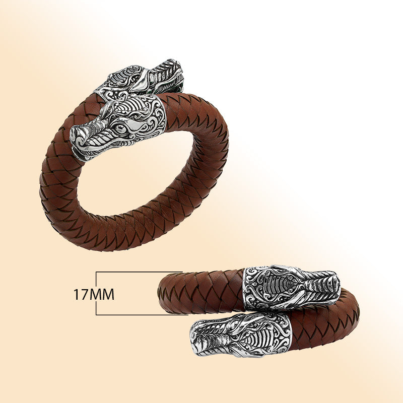 Balinese 925 Sterling Silver Dragon Head Bracelet With Light Brown Leather For Men