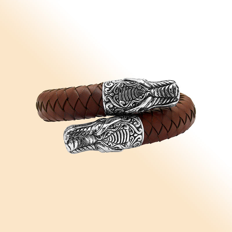 Balinese 925 Sterling Silver Dragon Head Bracelet With Light Brown Leather For Men