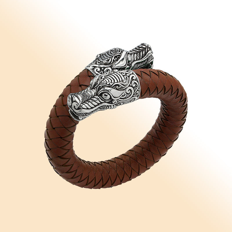 Balinese 925 Sterling Silver Dragon Head Bracelet With Light Brown Leather For Men