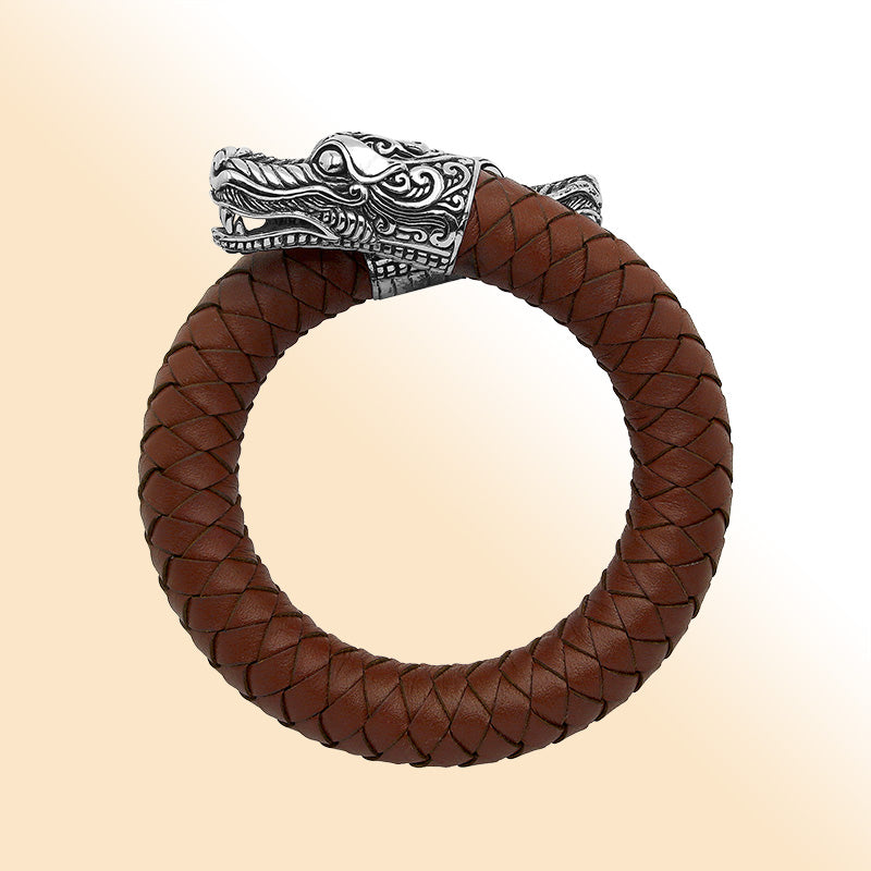 Balinese 925 Sterling Silver Dragon Head Bracelet With Light Brown Leather For Men