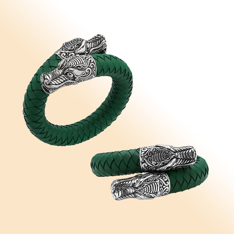 Balinese 925 Sterling Silver Dragon Head Bracelet With Green Leather For Men