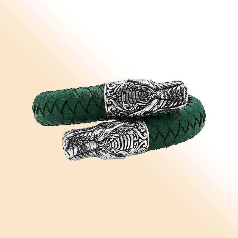 Balinese 925 Sterling Silver Dragon Head Bracelet With Green Leather For Men
