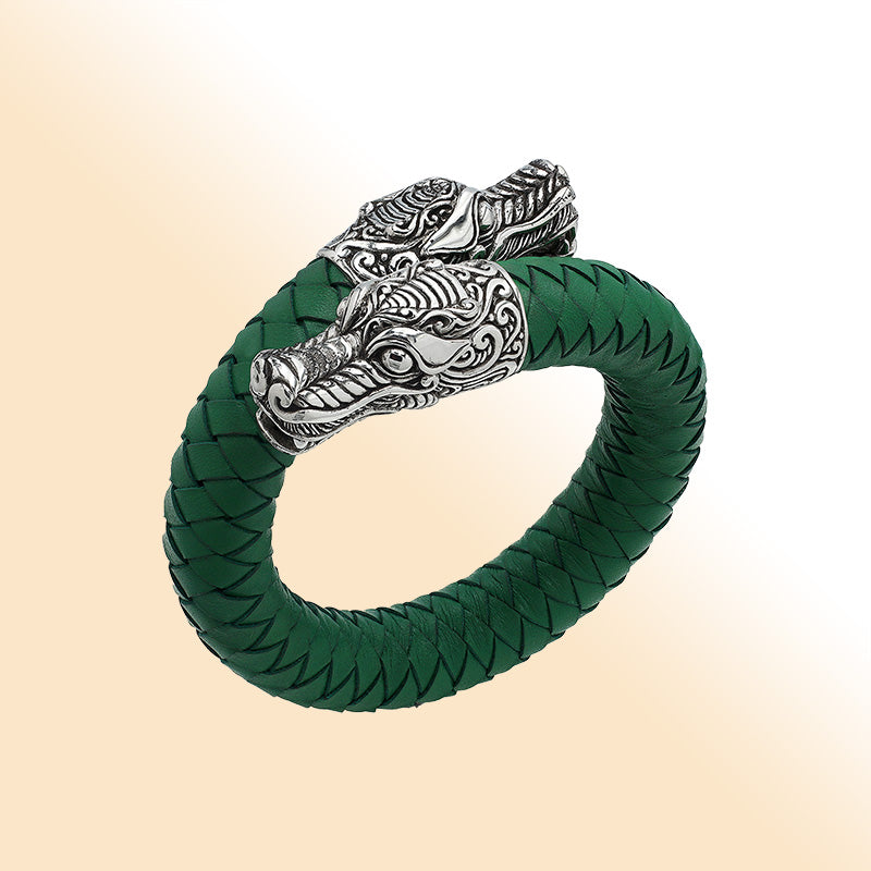Balinese 925 Sterling Silver Dragon Head Bracelet With Green Leather For Men