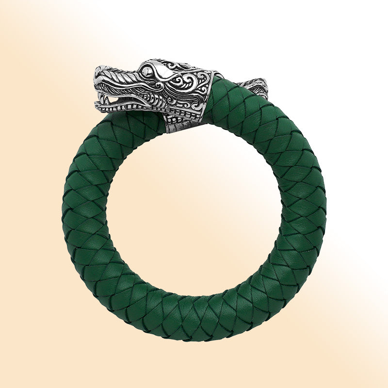 Balinese 925 Sterling Silver Dragon Head Bracelet With Green Leather For Men