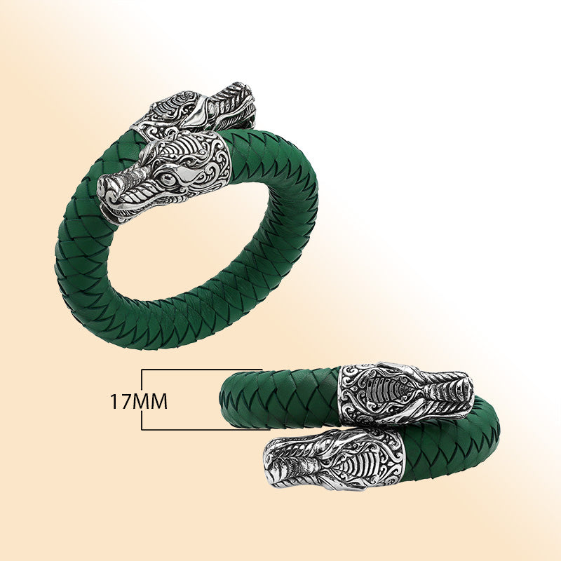 Balinese 925 Sterling Silver Dragon Head Bracelet With Green Leather For Men