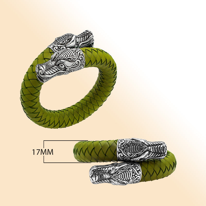 Balinese 925 Sterling Silver Dragon Head Bracelet With Olive Leather For Men